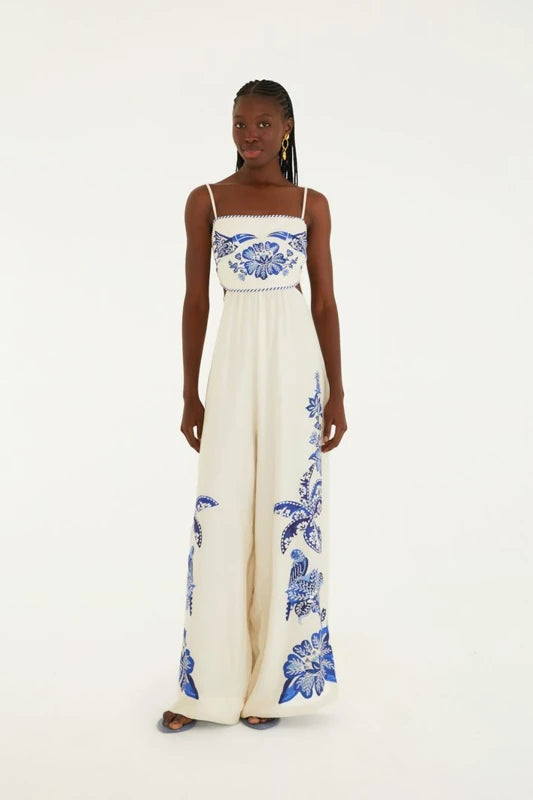 Macacão Pantalona Estampado Coqueiro Tropical