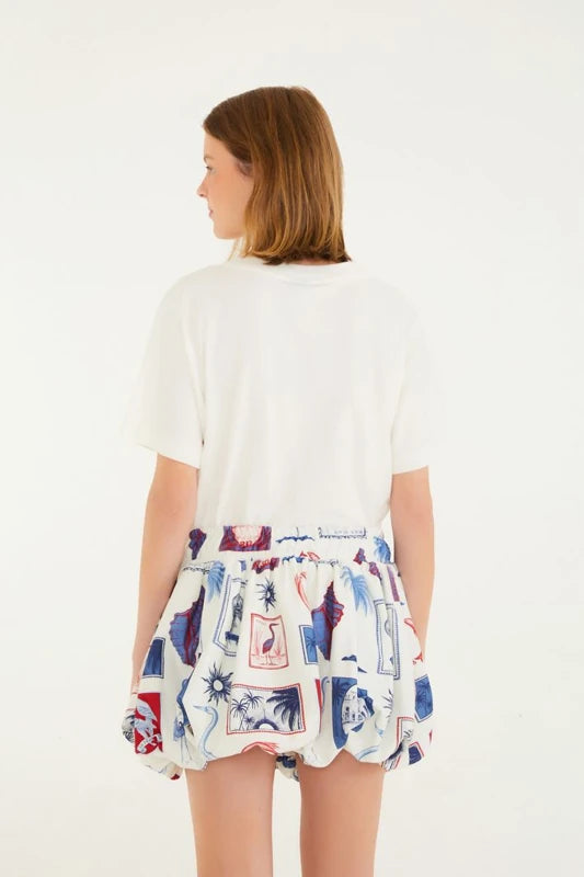 Saia Curta Balonê Moletom Estampada Tropical Vintage