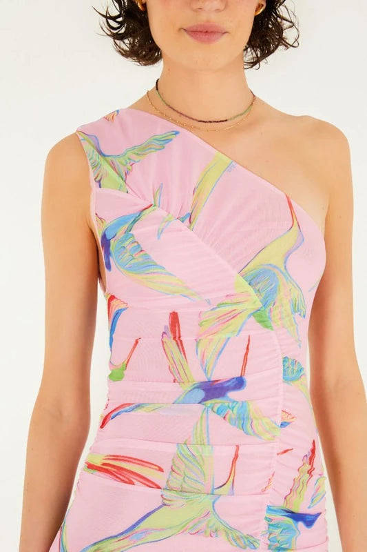 Vestido Tule Franzido Estampado Beija Flor