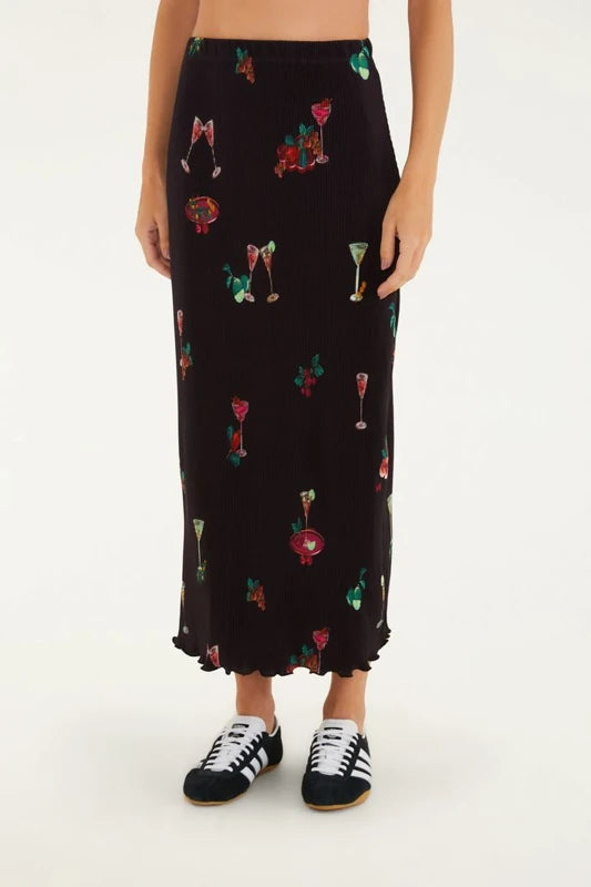 Saia Midi Plissada Estampada Coquetel Tropical