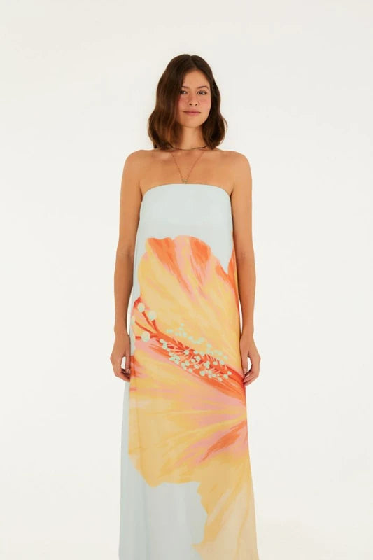 Vestido Longo Sem Alças Estampado Vestida De Flor