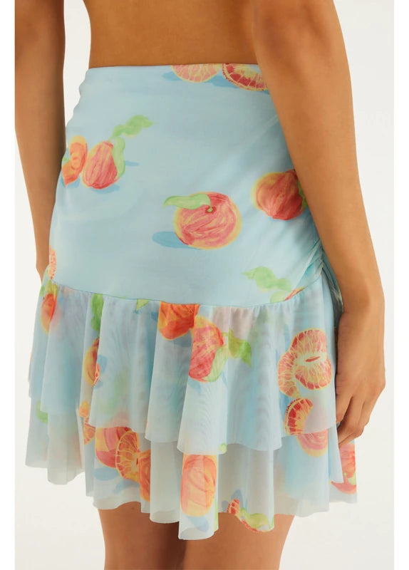 Saia Curta Tule Babado Estampada Tangerina