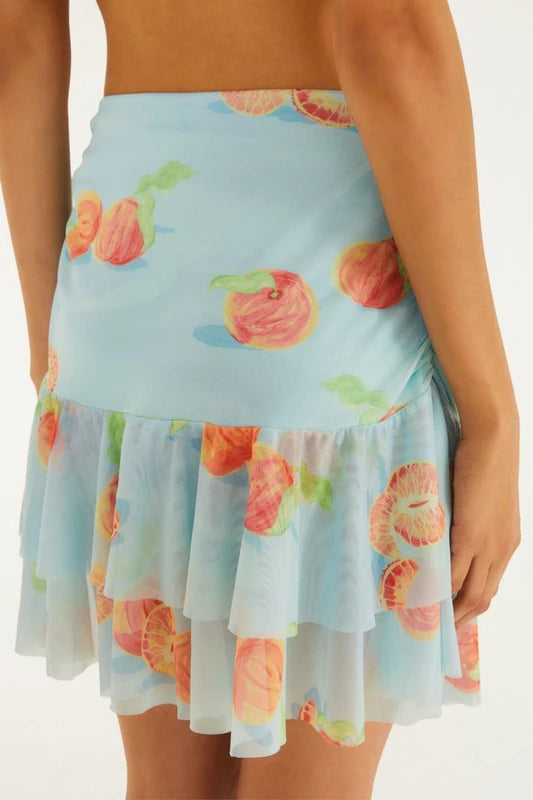 Saia Curta Tule Babado Estampada Tangerina