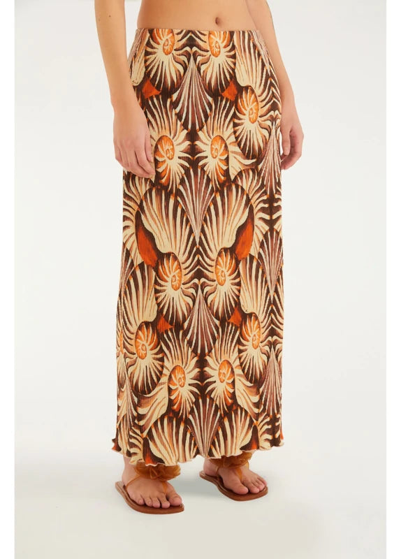 Saia Midi Plissada Estampada Mar De Concha