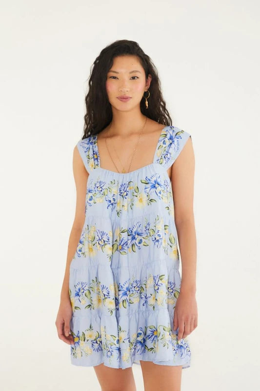 Vestido Curto Estampado Orquidário Azul