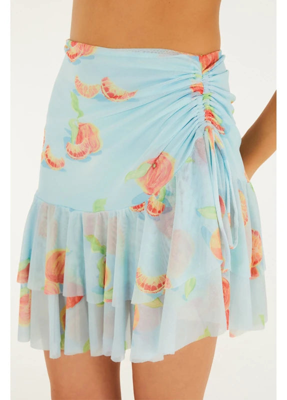 Saia Curta Tule Babado Estampada Tangerina