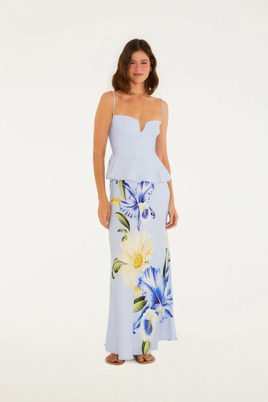 Saia Enviesada Estampada Orquidário Bege