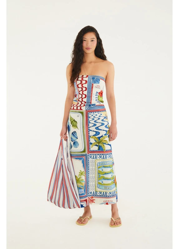 Vestido Sem Alça Estampado Selo Praiano