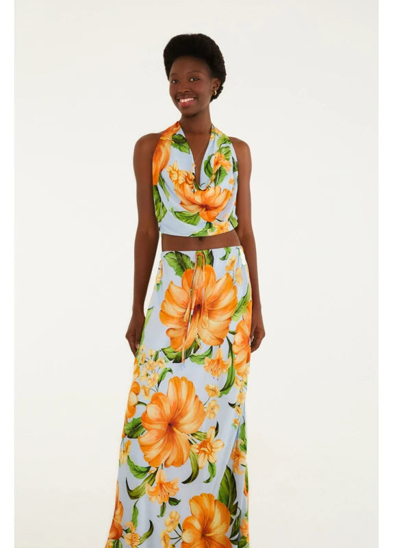 Saia Estampada Floral Anis