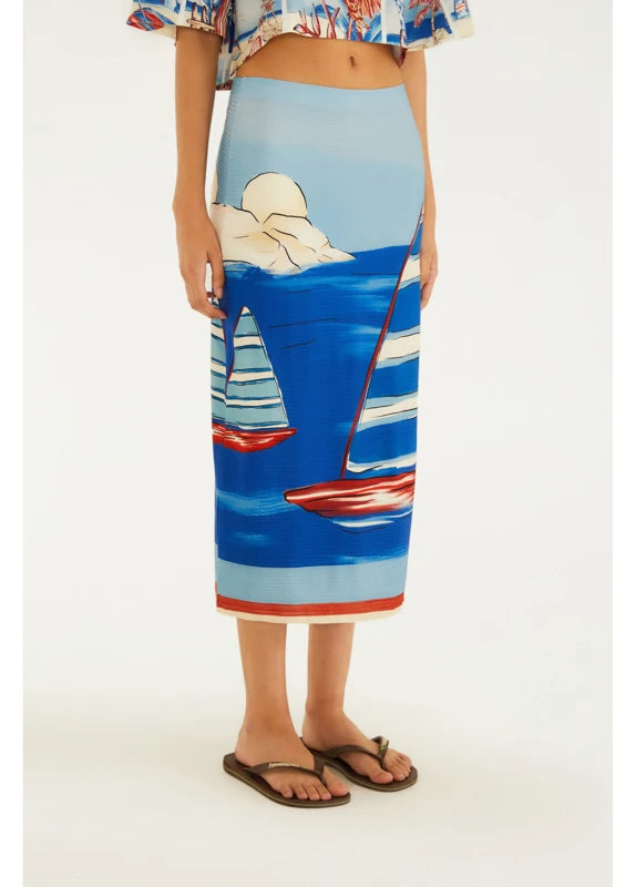 Saia Midi Estampada Diário De Verão