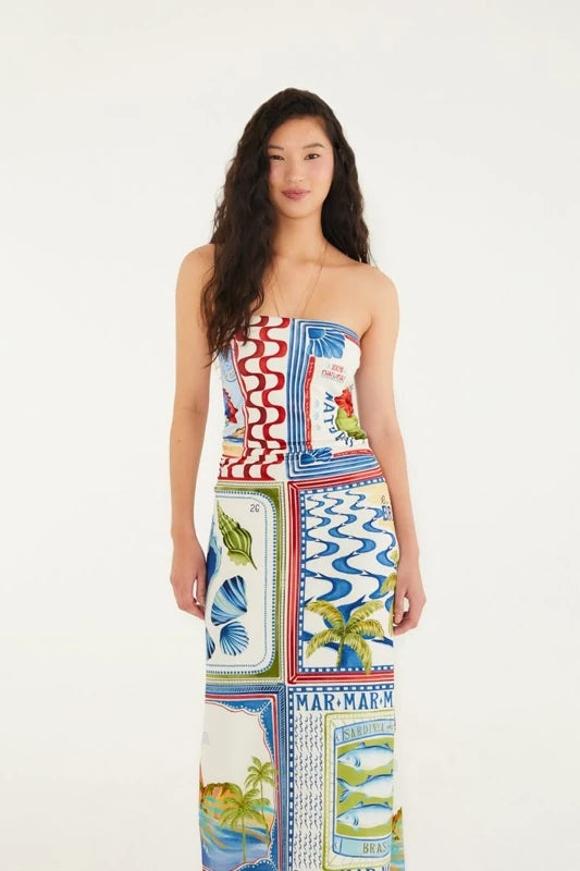 Vestido Sem Alça Estampado Selo Praiano