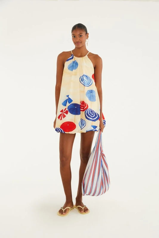 Vestido Curto Balonê Estampado Guarda Sol