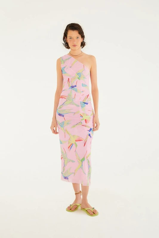 Vestido Tule Franzido Estampado Beija Flor