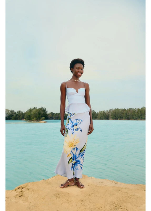 Saia Enviesada Estampada Orquidário Bege