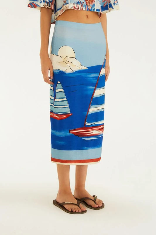 Saia Midi Estampada Diário De Verão