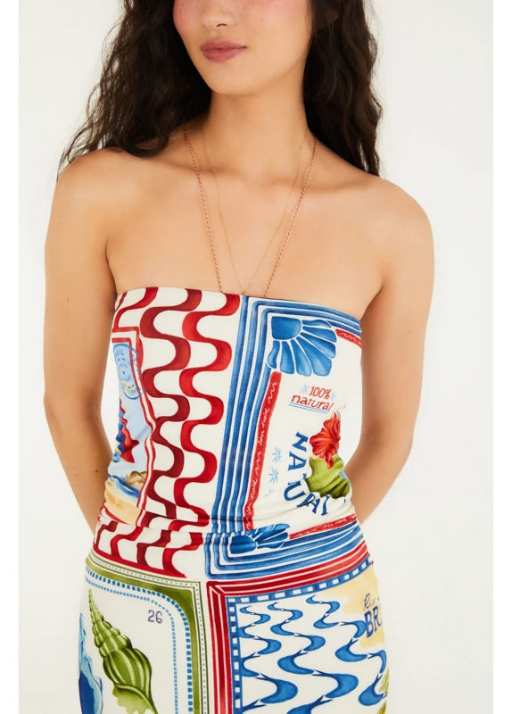 Vestido Sem Alça Estampado Selo Praiano