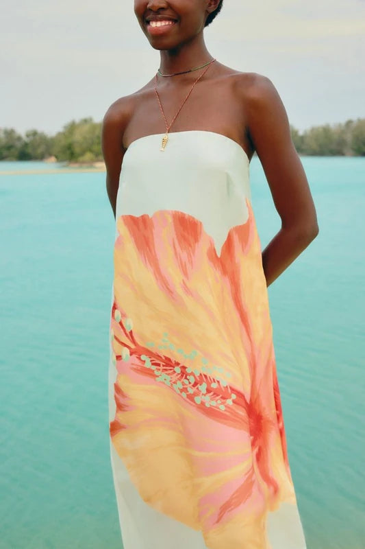 Vestido Longo Sem Alças Estampado Vestida De Flor