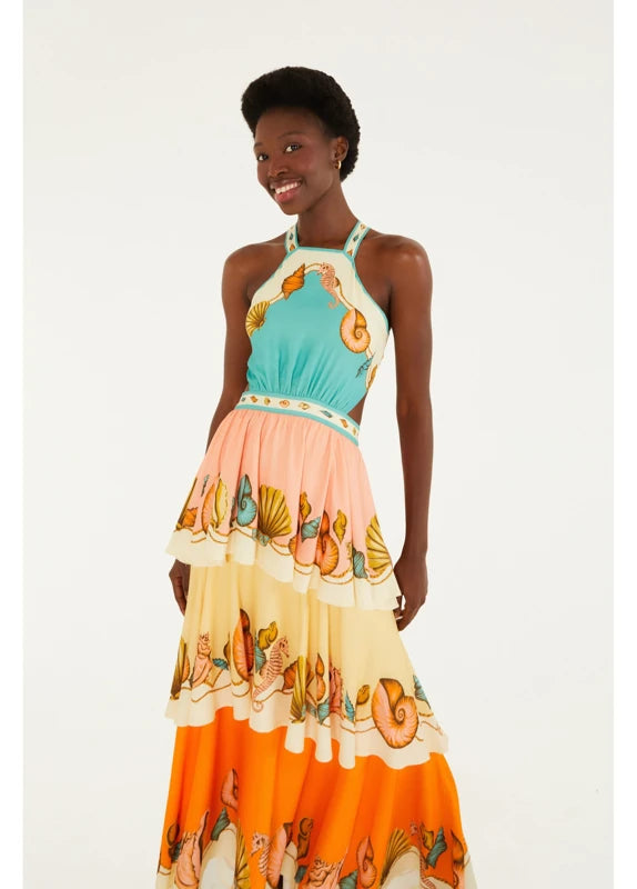 Vestido Frente Única Estampado Souvenir Litoral