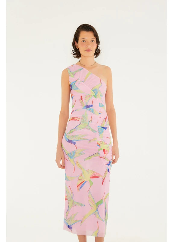 Vestido Tule Franzido Estampado Beija Flor