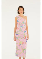 Vestido Tule Franzido Estampado Beija Flor